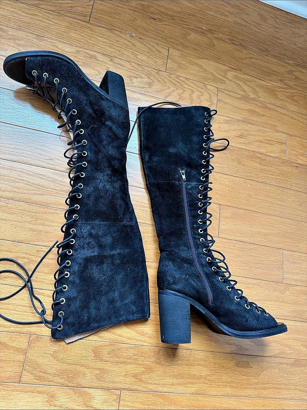 Lace-Up Over-the-Knee Heeled Boots in Black Like New